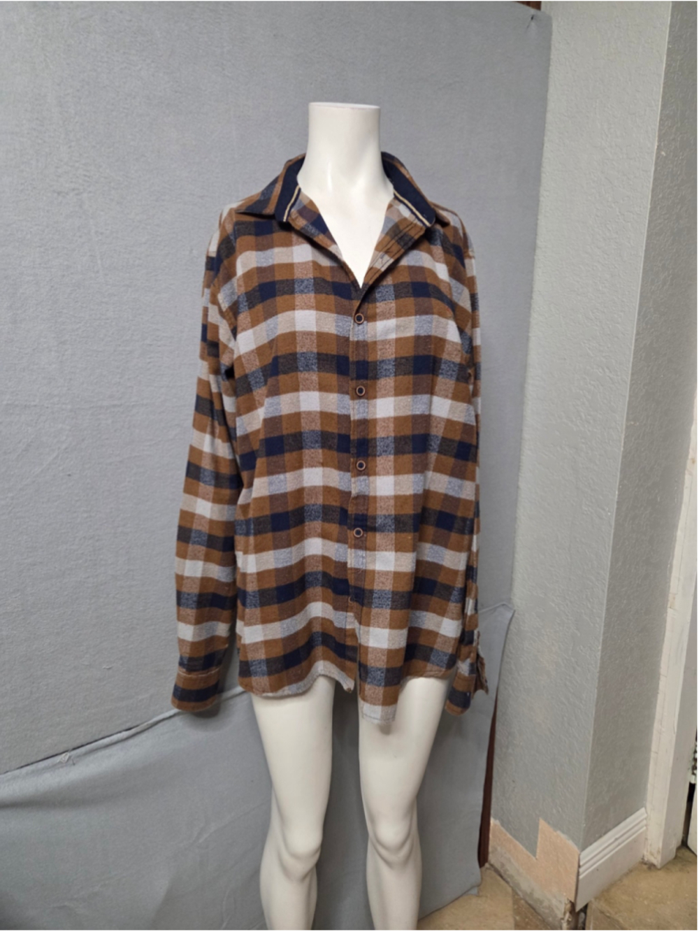 Men's Public Record Plaid Button Down Shirt, Size L, Brown/Navy